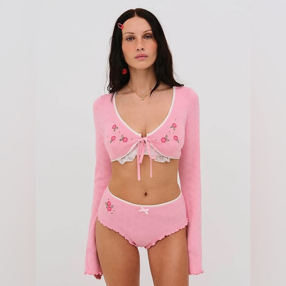 For‎ Love And Lemons Pink Cherry Embroidered Intimate Set Top